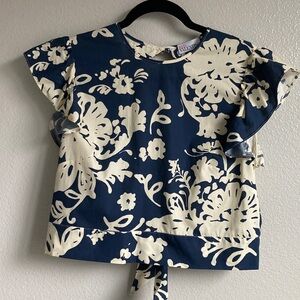 RED Valentino Open Tie back Blue & White Floral Flutter Sleeve Blouse sz 44 L